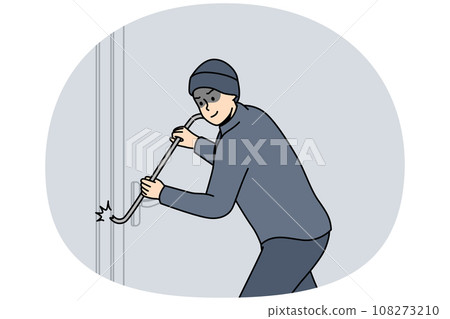 Robber in dark clothing force lock of building door. 108273210