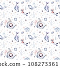 Seamless watercolor nautical pattern with lighthouse boats, ships, vessels on white background, octopus and dolphin perfect for kids wrappers, nursery wallpapers, postcards, greetings 108273361