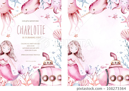 Underwater baby shower templates. Blue watercolor submarine ocean fish, turtle, whale and coral. Shell aquarium background. Nautical snorkeling, diving dolphin marine illustration, jellyfish, starfish Underwater baby shower templates. Blue watercolor submarine ocean fish, turtle, whale and coral. Shell aquarium background. Nautical snorkeling, diving dolphin marine illustration, jellyfish, starfish 108273364
