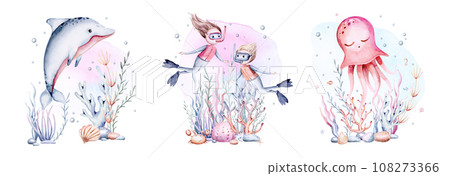 sea animals composition. Blue watercolor ocean fish, turtle, whale and coral. Shell aquarium mermaid submarine. Nautical dolphin marine illustration, jellyfish, starfish sea animals composition. Blue watercolor ocean fish, turtle, whale and coral. Shell aquarium mermaid submarine. Nautical dolphin marine illustration, jellyfish, starfish 108273366