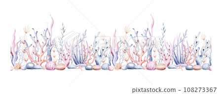 seamless border of sea cartoon animals. Blue watercolor ocean fish, turtle, whale and coral. Shell aquarium dolphin, crab octopus Nautical marine illustration, jellyfish, starfish 108273367