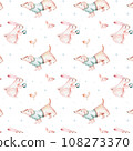 Watercolor Merry Christmas seamless pattern with snowman, christmas tree , snowman, holiday cute animals bunny rabbit, rabbit and baby deer . Christmas celebration cards. Winter new year 108273370