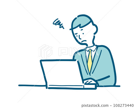 Illustration of a young man in a suit having trouble in front of a computer Illustration of a young man in a suit having trouble in front of a computer 108273440