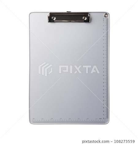 Silver clipboard with clip at the top for papers. Single clipboard, writing board without papers. Realistic, photography, isolated on white background. 108273559