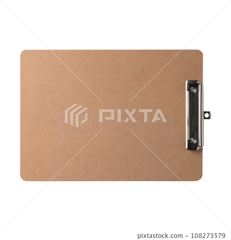 Brown clipboard with clip at the top for papers. Single clipboard, writing board without papers. Realistic, photography, isolated on white background. 108273579