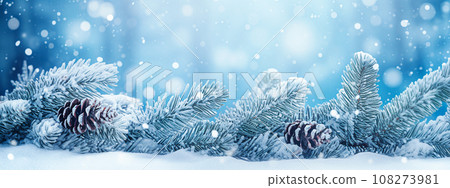 Christmas background with snowy fir branches and pine cones. New Year. 108273981