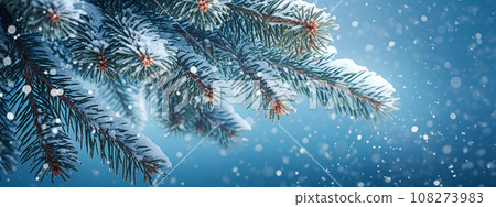 Christmas and New Year background. Winter landscape. Snow covered fir tree branches. 108273983