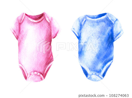 Baby pink and blue bodysuit. He or she, boy or girl baby clothes set. Watercolor hand draw illustration isolated white background Design for birthday, newborn, gender reveal party, print, sticker 108274063