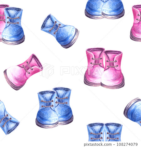 Baby blue and pink booties, shoes seamless pattern Boy or girl Watercolor hand draw illustration isolated on white background Repeating design for birthday, newborn gender reveal party wallpaper print Baby blue and pink booties, shoes seamless pattern Boy or girl Watercolor hand draw illustration isolated on white background Repeating design for birthday, newborn gender reveal party wallpaper print 108274079