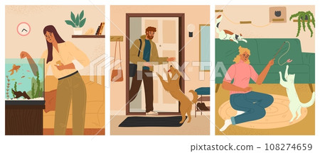 People and pets at home vector scene set 108274659