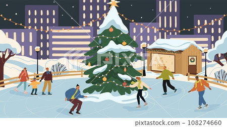 Happy people characters enjoying skating at Christmas ice rink Happy people characters enjoying skating at Christmas ice rink 108274660