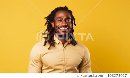 Portrait of an smiling African man with dark and perfect skin and long hair, on a yellow background. Portrait of an smiling African man with dark and perfect skin and long hair, on a yellow background. 108275017