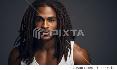 Portrait of an elegant African man with dark and perfect skin and long hair, on a gray background. 108275018