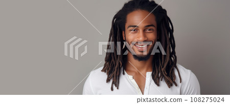 elegant sexy smiling African man with dark and perfect skin and long hair, on a gray background. 108275024