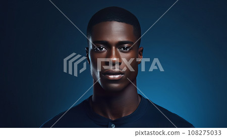 Portrait a handsome elegant sexy African man with dark and perfect skin, on a dark blue background. Portrait a handsome elegant sexy African man with dark and perfect skin, on a dark blue background. 108275033