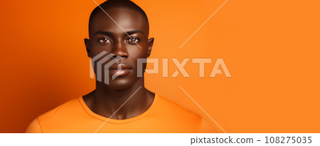 Portrait of a handsome elegant sexy African man with dark and perfect skin, on an orange background. Portrait of a handsome elegant sexy African man with dark and perfect skin, on an orange background. 108275035