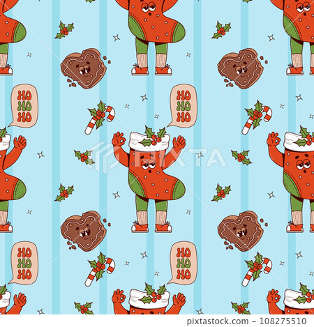 Groovy Christmas seamless pattern. Retro cartoon character Xmas stocking with gingerbread heart and caramel stick on blue background. Cool Happy New year background. Vector illustration. Groovy Christmas seamless pattern. Retro cartoon character Xmas stocking with gingerbread heart and caramel stick on blue background. Cool Happy New year background. Vector illustration. 108275510
