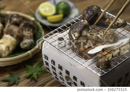 Autumn taste: Grilled matsutake mushrooms, a high-quality ingredient, over charcoal Grilled matsutake mushrooms 108275525