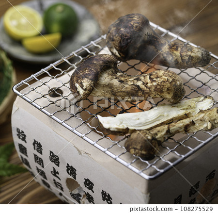 Autumn taste: Grilled matsutake mushrooms, a high-quality ingredient, over charcoal Grilled matsutake mushrooms Autumn taste: Grilled matsutake mushrooms, a high-quality ingredient, over charcoal Grilled matsutake mushrooms 108275529