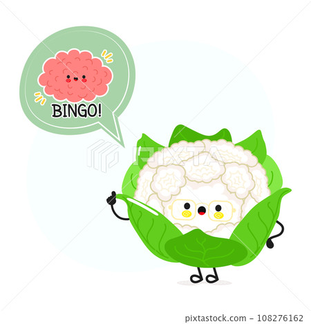 Cauliflower with speech bubble and brain character. Vector hand drawn cartoon kawaii character illustration. Isolated white background. Cauliflower poster and brain 108276162