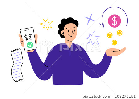 Person gets cashback from shopping, cash back offer hand drawn composition, vector illustration of man with smartphone, payment bill and refund, coins icons, bank mobile app, shop sale scene,  108276191
