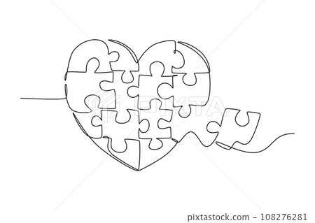 Single one line drawing set puzzle pieces put it together to cute heart shape form symbol. Romantic marriage love relationship concept. Modern continuous line draw design graphic vector illustration Single one line drawing set puzzle pieces put it together to cute heart shape form symbol. Romantic marriage love relationship concept. Modern continuous line draw design graphic vector illustration 108276281