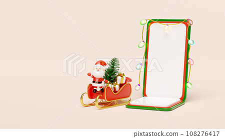 3d Santa claus with sleigh, smartphone, hat, holly berry leaves, glass transparent lamp garlands, gift box, party banner. merry christmas and happy new year, online shopping, 3d render illustration 108276417