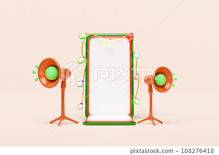 3d mobile phone, smartphone with glass transparent lamp, megaphone, party banner, announce promotion news. merry christmas and happy new year, online shopping, 3d render illustration 108276418
