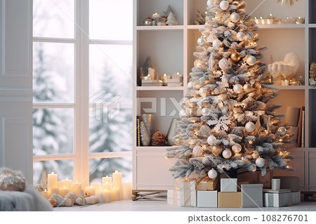Living room with Christmas decorations. Generative AI. 	Living room with gift boxes, Christmas tree and decorations. Generative AI. 108276701