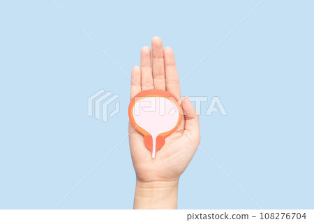 Hand holding bladder and prostate gland made from paper on blue background. Awareness of BPH, prostate cancer, bladder cancer and men health care. Urology and male reproductive concept. Hand holding bladder and prostate gland made from paper on blue background. Awareness of BPH, prostate cancer, bladder cancer and men health care. Urology and male reproductive concept. 108276704