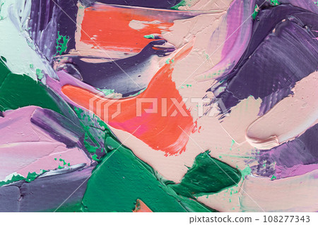Closeup of abstract rough colorful art painting texture, with oil brushstroke, pallet knife paint on canvas, complementary colors. 108277343