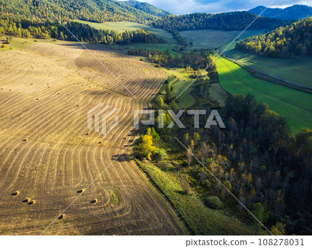 Aerial view of agricultural field with hay rolls surrounded by lush trees growing in woods under blue sky with clouds on sunny autumn day Aerial view of agricultural field with hay rolls surrounded by lush trees growing in woods under blue sky with clouds on sunny autumn day 108278031