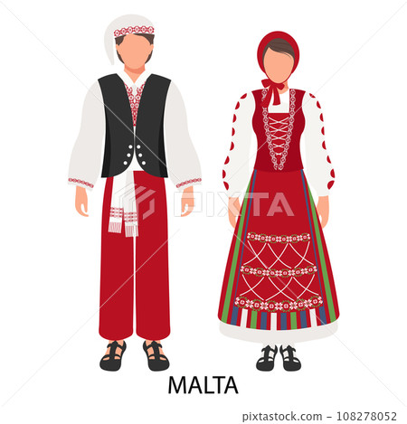 A man and a woman, a couple in Maltese folk costumes. Culture and traditions of Malta. Illustration, vector A man and a woman, a couple in Maltese folk costumes. Culture and traditions of Malta. Illustration, vector 108278052