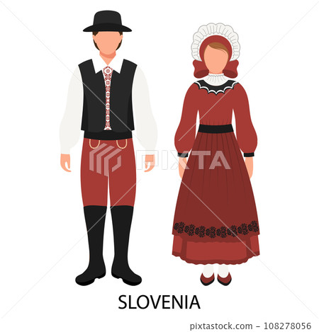 Man and woman, couple in Slovenian folk costumes. Culture and traditions of Slovenia. Illustration, vector 108278056