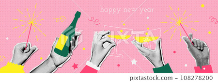 Happy new year retro banner. Halftone Hands holding champagne bottle, glasses and sparkler. Trendy collage mixed media art. Groove vintage Design for poster or greeting card . 90s Vector illustration. 108278200