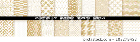 Geometric set of seamless gold and white patterns. Simple vector graphics Geometric set of seamless gold and white patterns. Simple vector graphics 108279458