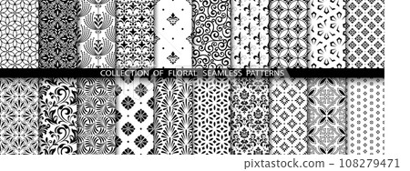 Geometric floral set of seamless patterns. White and black vector backgrounds. Damask graphic ornaments. 108279471
