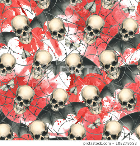 Human skulls with black bat wings, cobwebs, stains and blood splatters and night moths. Hand drawn watercolor illustration. Seamless pattern on a white background 108279558