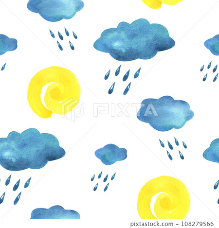 Blue, turquoise clouds with raindrops and yellow spiral sun. Watercolor illustration hand drawn in children's style for posters, cards, stickers. Seamless pattern on a white background Blue, turquoise clouds with raindrops and yellow spiral sun. Watercolor illustration hand drawn in children's style for posters, cards, stickers. Seamless pattern on a white background 108279566