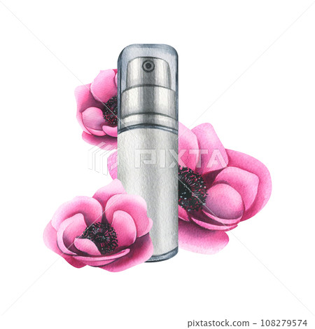 Personal care cosmetics in tube with anemone flowers. Hand drawn watercolor illustration. Isolated composition on a white background for the beauty industry, advertising and design 108279574