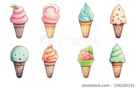 AI-generated content. Set of watercolor ice cream in a waffle horn, isolated on a white background 108280142