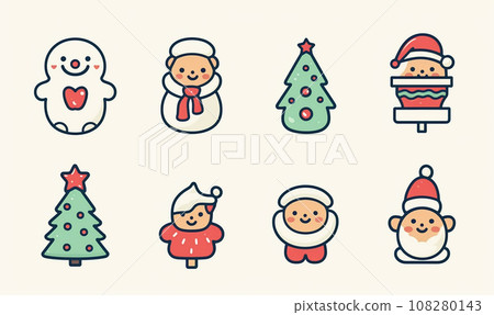 AI-generated content. Set of cartoon Christmas icons for greeting card for New Year, winter holidays. AI-generated content. Set of cartoon Christmas icons for greeting card for New Year, winter holidays. 108280143