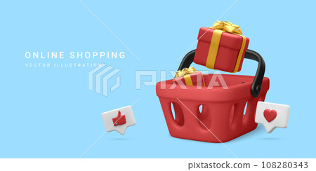 3d realistic banner with shopping basket and gift box in cartoon style on blue background. Poster or web page for online shopping. Vector illustration 108280343