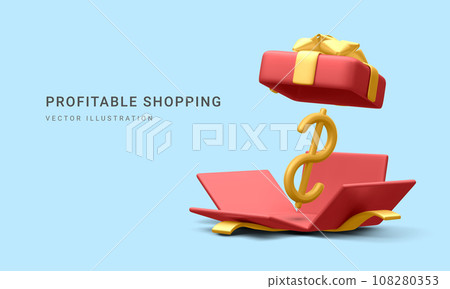 3d realistic open gift box with dollar sign in cartoon style on blue background. Gifts for regular customers. Bonus for purchase. Vector illustration 108280353