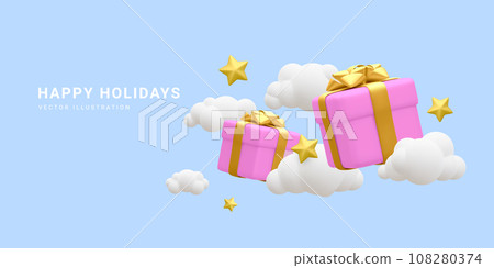 3d realistic gift box around clouds and stars. Banner, poster, website or greeting card for happy holidays concept. Vector illustration 108280374