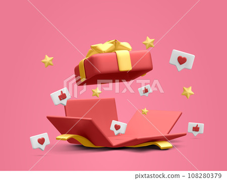 3d realistic open gift box with thumbs up, hearts and stars. Vector illustration 108280379