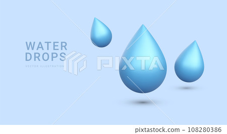 3d realistic water drops isolated on blue background. Vector illustration 108280386