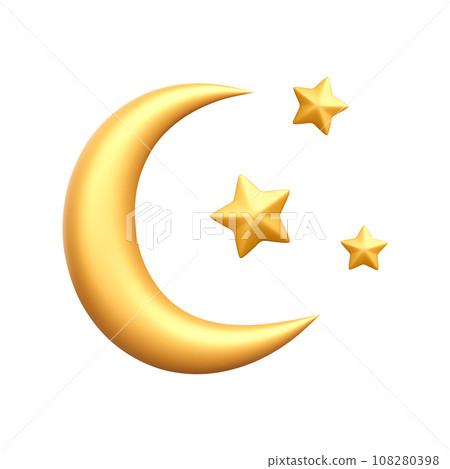 3d realistic crescent and gold stars isolated on white background. Abstract moon with bright stars in cartoon style. Vector illustration 108280398