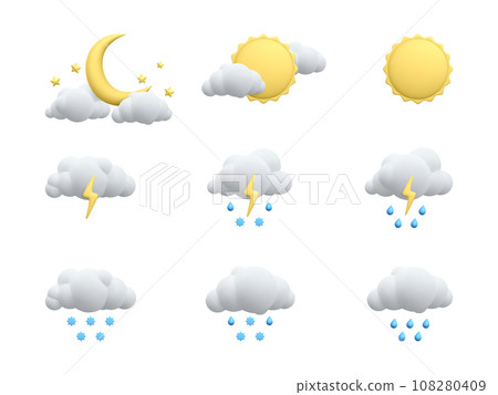 Set of 3d realistic forecast weather icons isolated on white background. Sun, moon, star, lightning, cloud, rain drops, snowflakes in cartoon style. Vector illustration 108280409