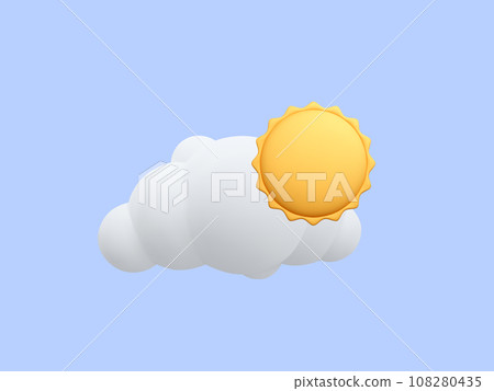 3d realistic cloud with sun in cartoon style isolated on blue background. Weather forecast icon. Vector illustration 108280435